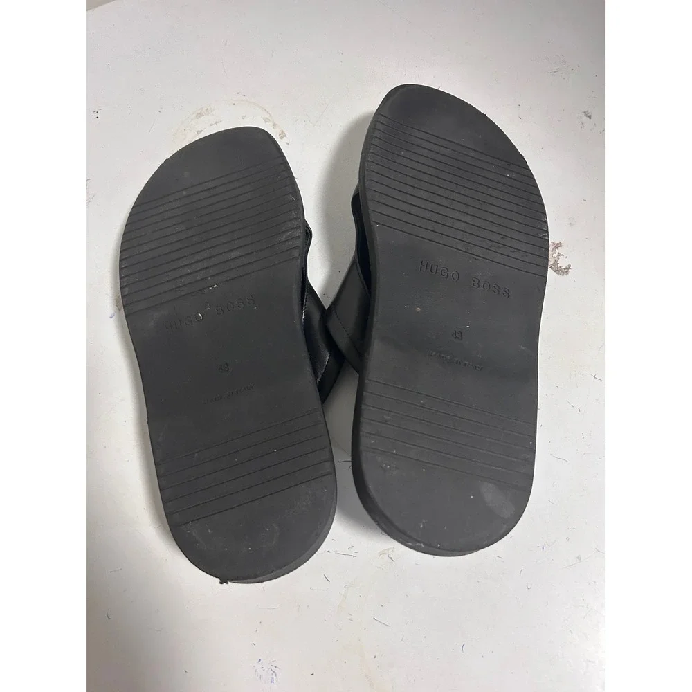 Hugo Boss Mens Black Leather Slides Made in Italy Sandals 18414 8060 Size 43